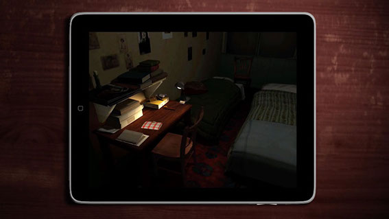 As the app opens, the reader is taken through a 3D model of Anne's room, based on the John Blair layout, and finally looks down at the desk